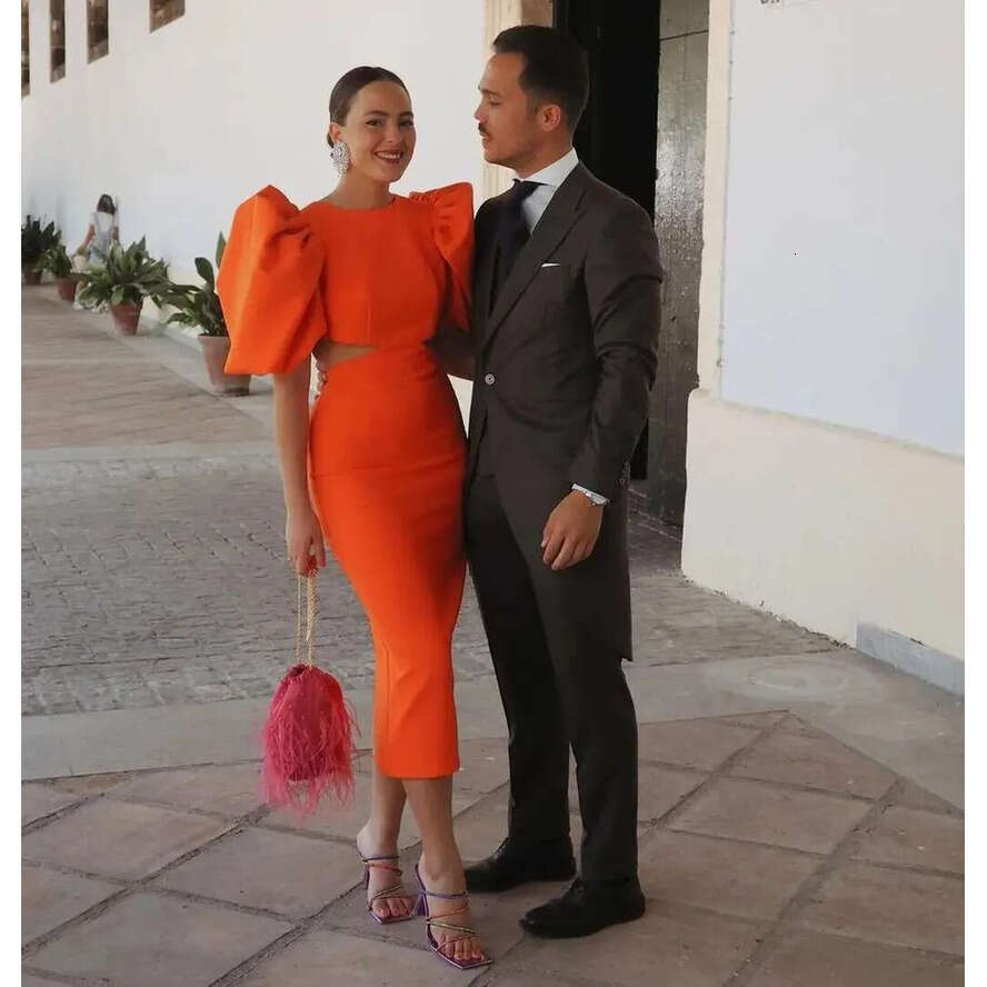 Elegant Orange Women Evening Formal Dress Short Puffy Sleeves Satin Tea-Length Birthday Party Gown Prom Dresses 2024 Arabic Robe De Soiree