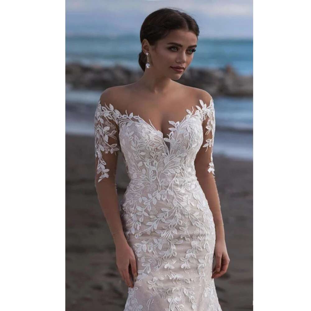 Elegant Lace Appliques White Fashion Sweetheart Long Sleeves Floor Length Bridal Court Train Mermaid Wedding Dress