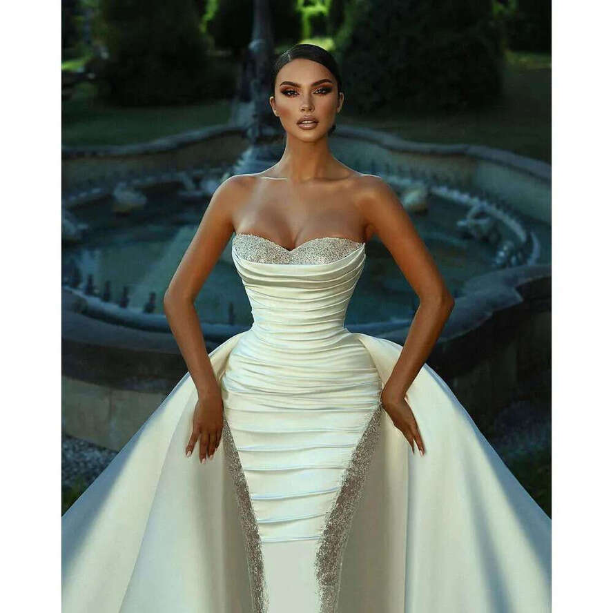 Gorgeous Wedding Dresses Mermaid Strapless Sequins Lace Pleat Detachable Train Princess Bride Dress Vestido De Novia Custom Made