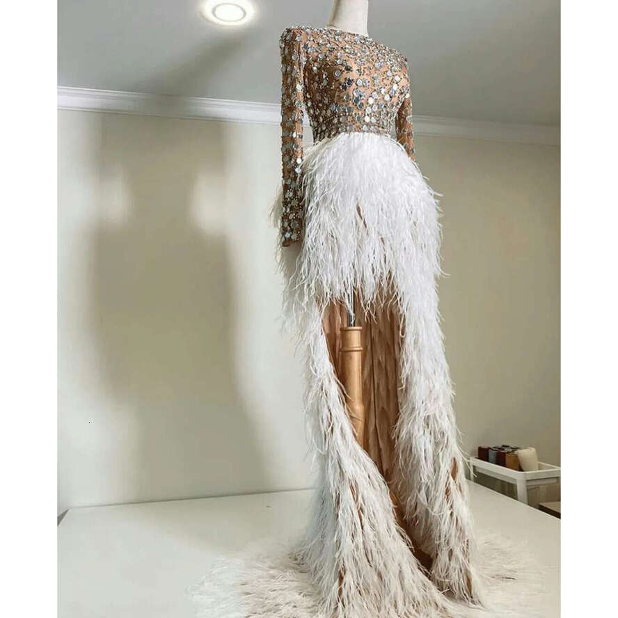 Sexy Illusion Top Evening Dresses With Sequins Hi Lo Feather Skirt Prom Gowns Custom Made Party Celebrity Dress