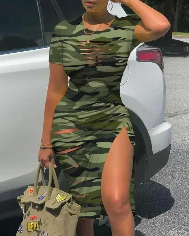 Womens Dresses 2023 Summer Fashion Contrast Leopard Print Drstring Ruched Casual O-Neck Short Sve High Slit Skinny DressXJ250224