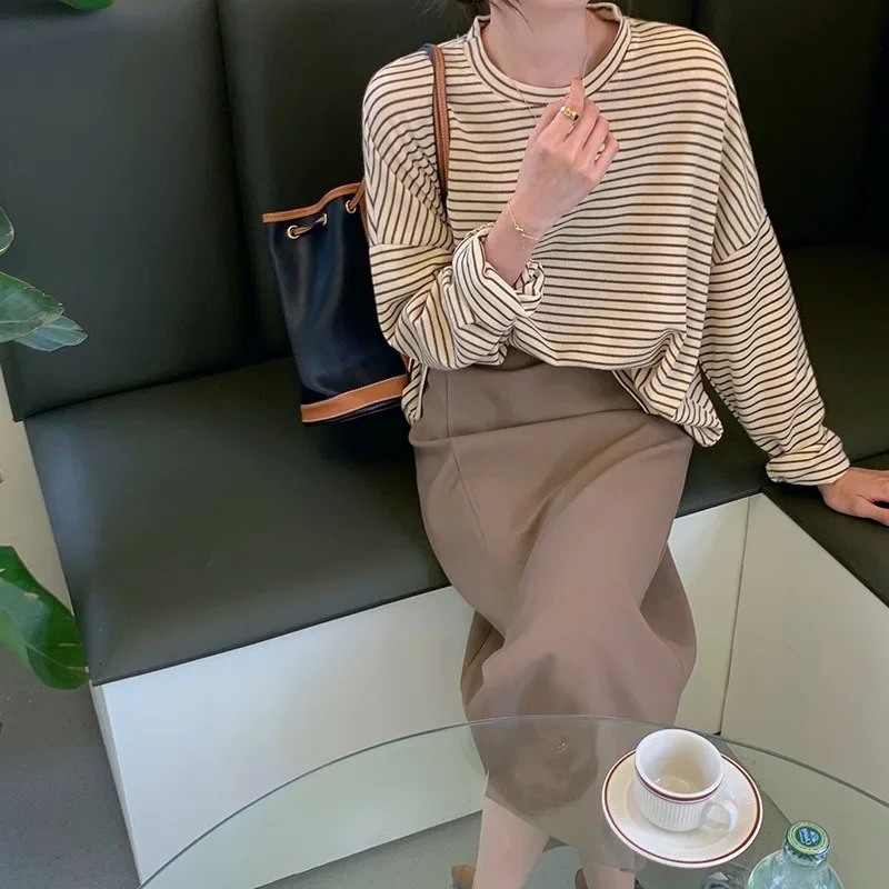 Womans Stripe Cotton Tshirts Spring Summer Korean Long Sleeve O Neck Loose Blusa Feminina Ladies Tops Y2k Casual Tee Shirt 250224