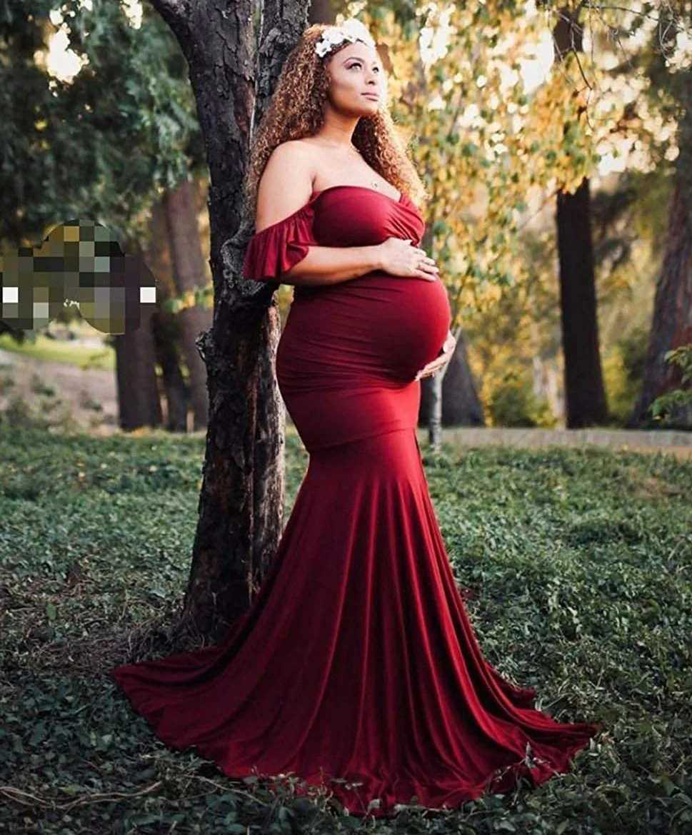 Shoulderless Maternity Dresses For Photo Shoot Sexy Ruffles Sleeve Pregnancy Dress New Maxi Gown Pregnant Women Photography Prop X250224
