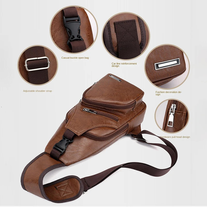 Vintage Shoulder Bag For Man PU Leather Brown Chest Bag Large Capacity Usb Charging Travel Organize Crossbody Shoulder Bags 250224