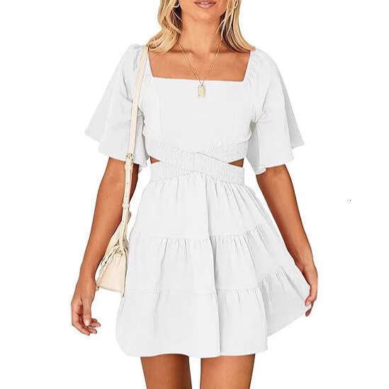 European American Spring/Summer New Women's Solid Color Elastic Waist Fresh And Sweet Square Neck Short Dress