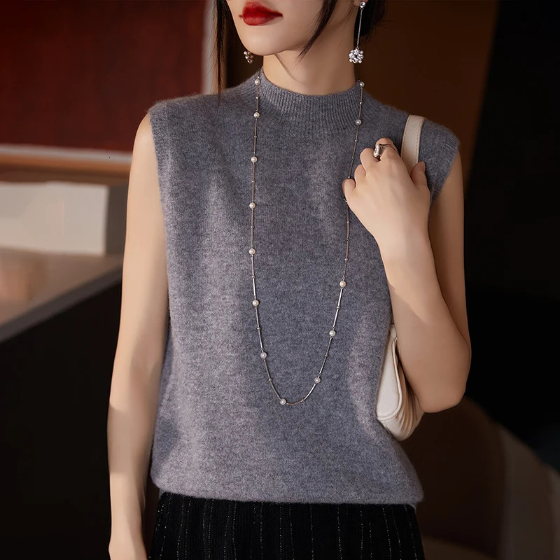 Women Sleeveless Tank High Quality Wool Knit Vest Tops All Seasons Half High Collar First-Line Ready-To-Wear Soft Solid Camisole 250224