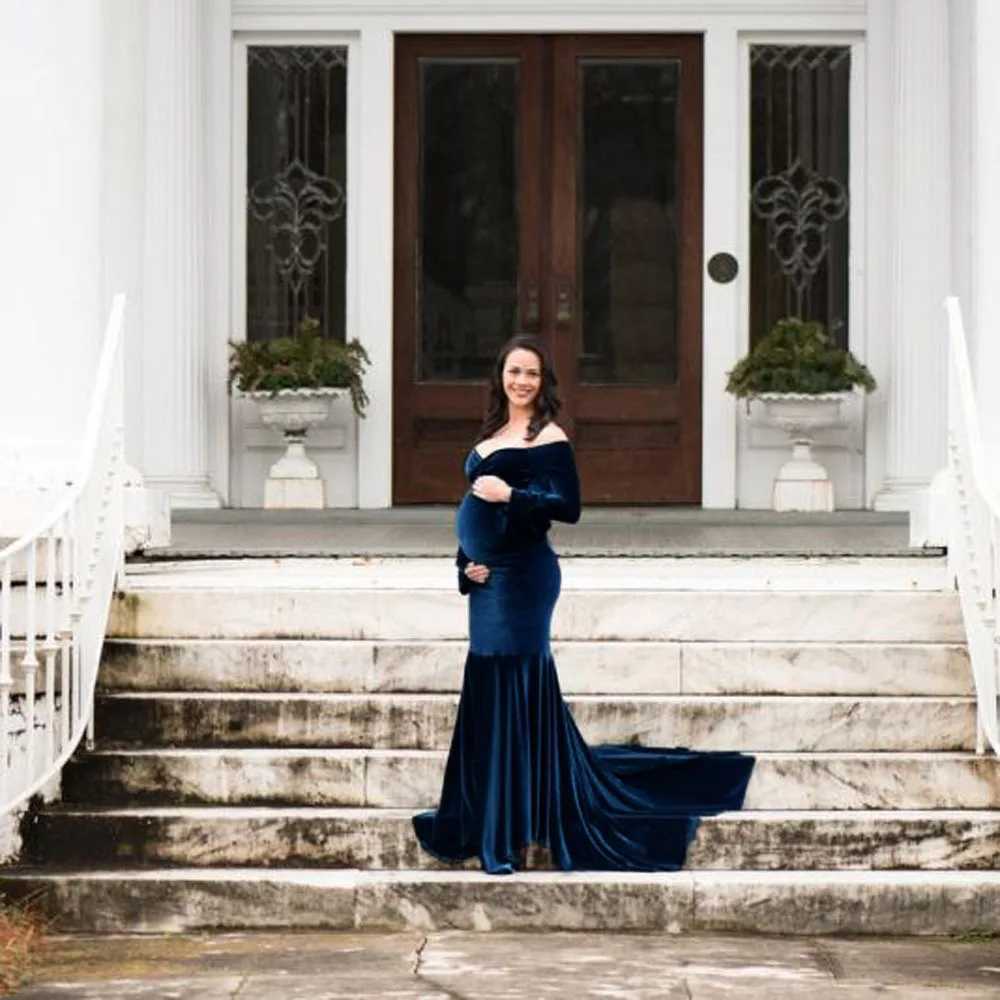 New Women Maternity Photography Dress Floor Length Milk silk Long Dress for V-neck Pregnancy Sexy Dress Blue Pregnant Clothes X250224