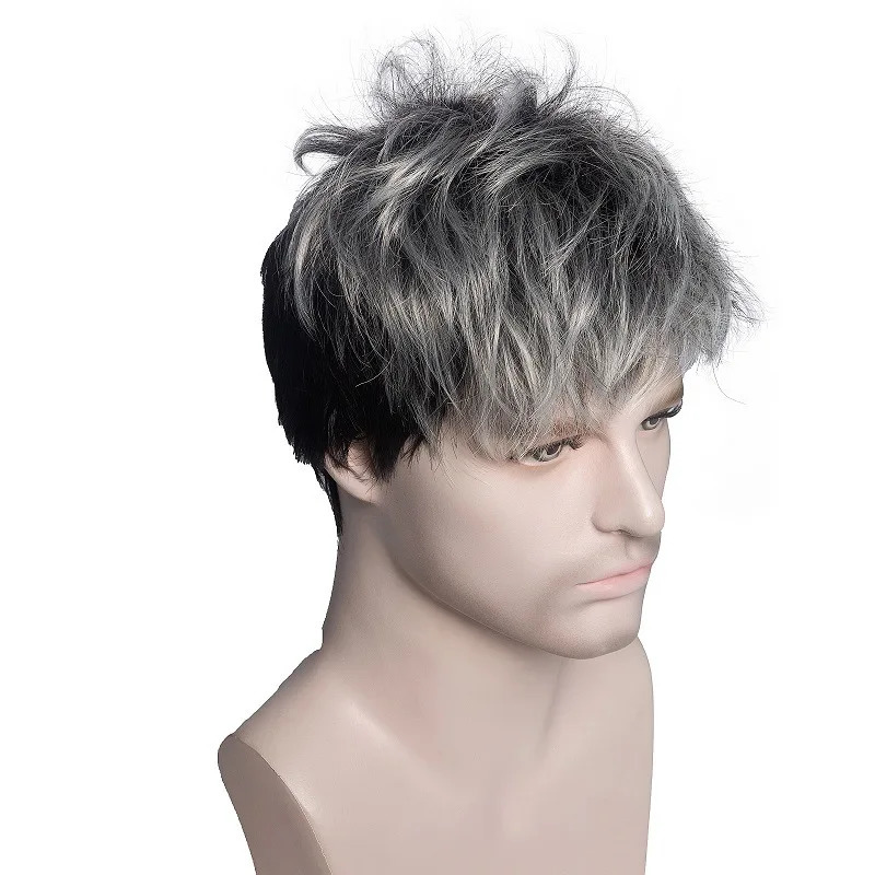 Synthetic Men Ombre Wigs Natural Short Straight Black Ombre Grey Man Wigs Fashion Style Adjustable Size Breathable Male Hair 250224