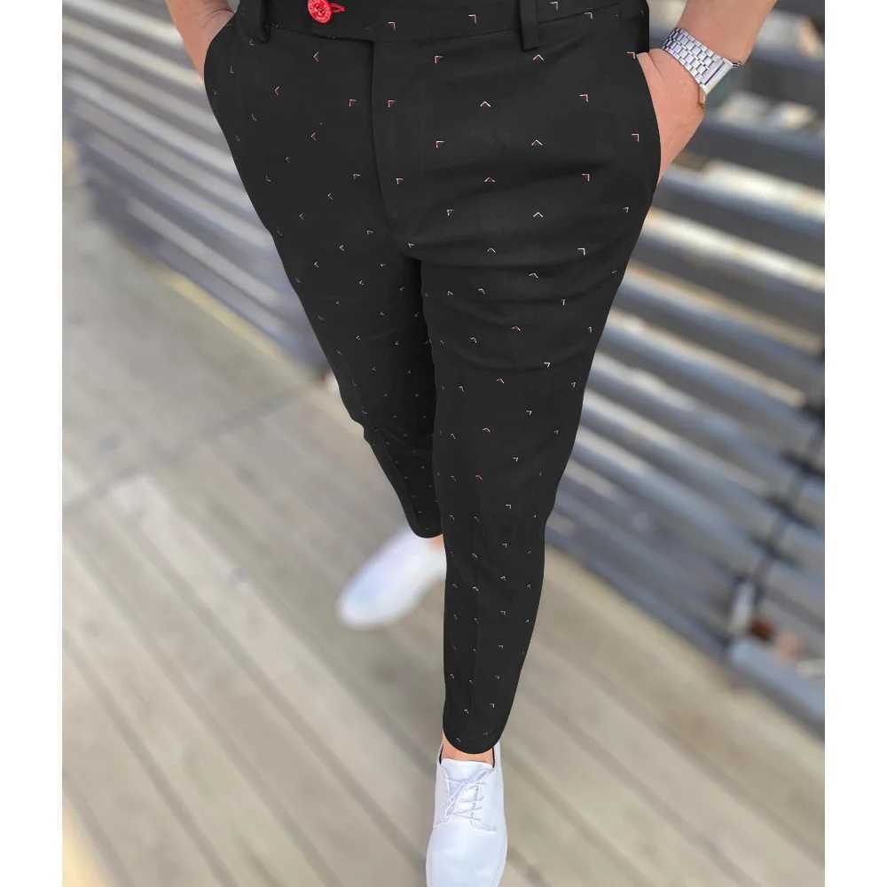Khaki mens casual geometric printed pants tight pencil pants zipper elastic waist pants oversized mens clothing W250225