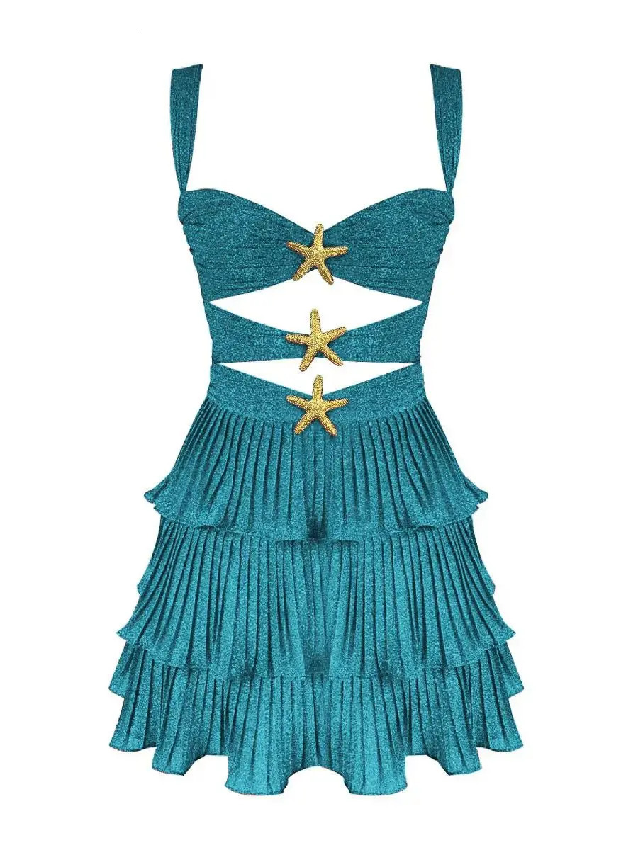 Sparkly Pintuck Dress Pleated Scoop-Neck Cut Out Dress Sleeveless Zipper Back Mermaid Gown Party Dress Mini Dress 250225