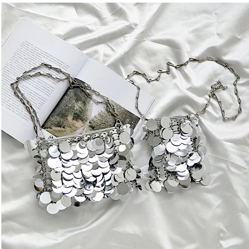Women Glitter Handbag er Silver Metal Sequin Chain Woven Bag Evening Bags Clutch Travel Holiday Shoulder Bag Handbag 250218