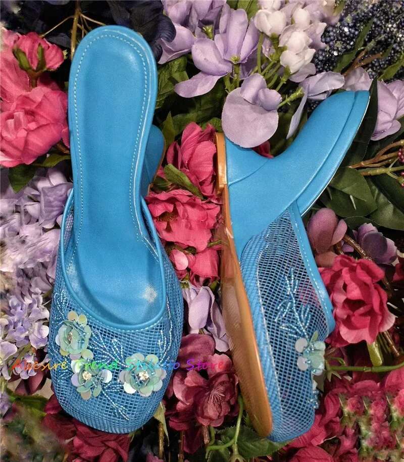 2025 Newest Women's Beaded wer Water Dia Mesh Hollow Slope High Slipper ral Embellished Strange Heel Mules
