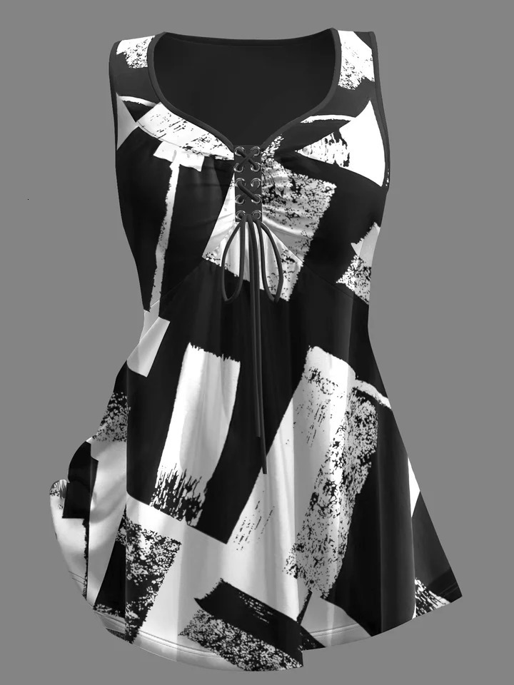 Womens Plus Size Tank Top Colorblock Curved Hem Casual Tank Top Summer Loose Soft Sleeveless Lace Up V-Neck Fashion Tanks Tops 250224