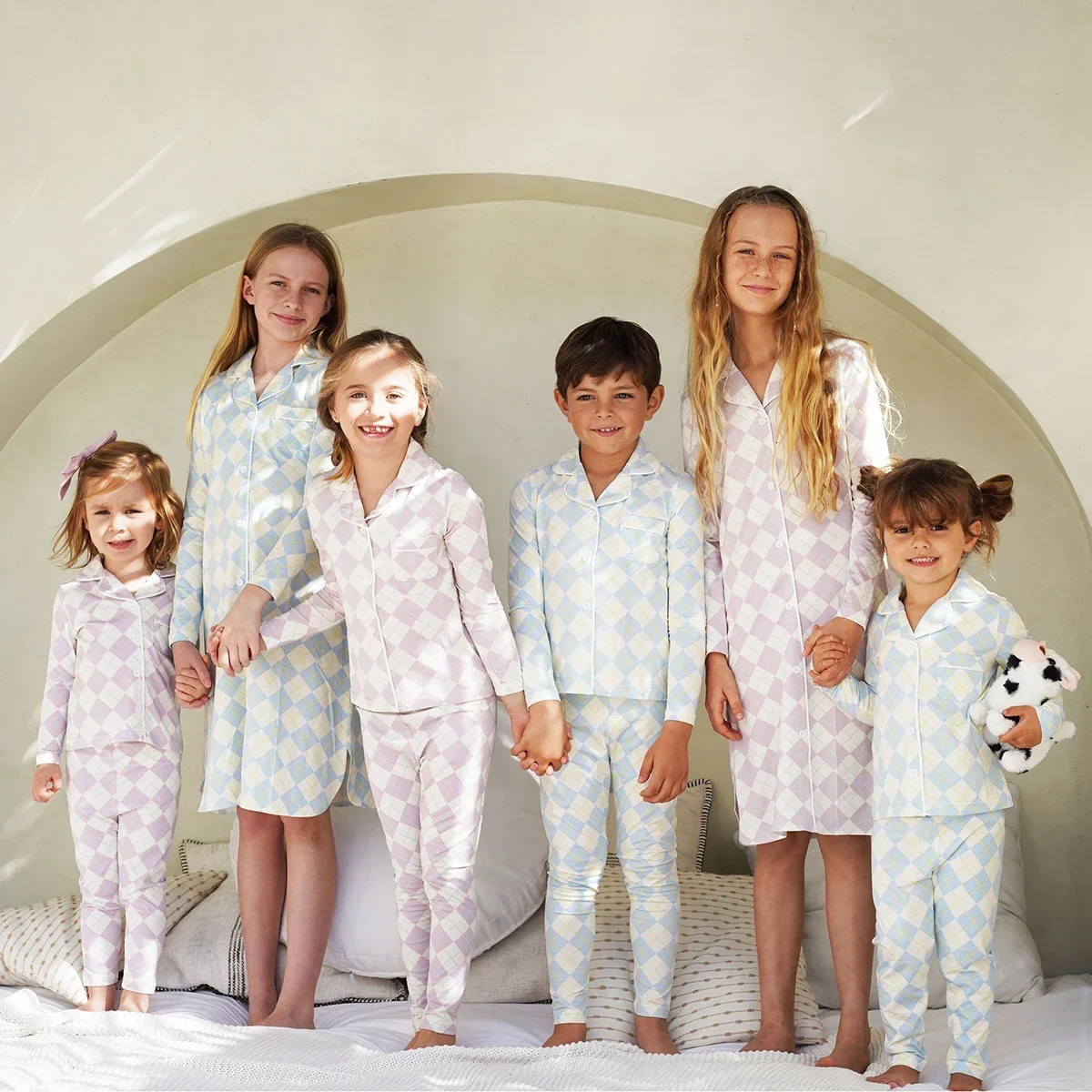 AP spring summer argyle plaid soft dress set footie pjs family matching clothing 250221