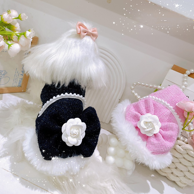 Winter Pure Cotton Dog Dress with Butterfly Flower Decoration, Wool Skirt Hem, Thick Dog Dress for Cold Weather, Suitable for Small and Medium-sized D