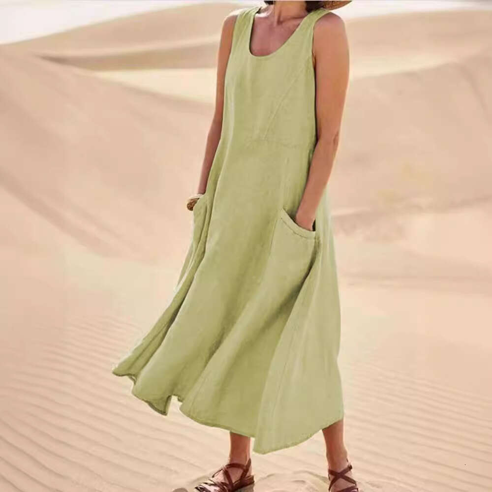 Summer European American Foreign Trade Pocket Sleeveless Round Neck Women's Cotton And En Dress