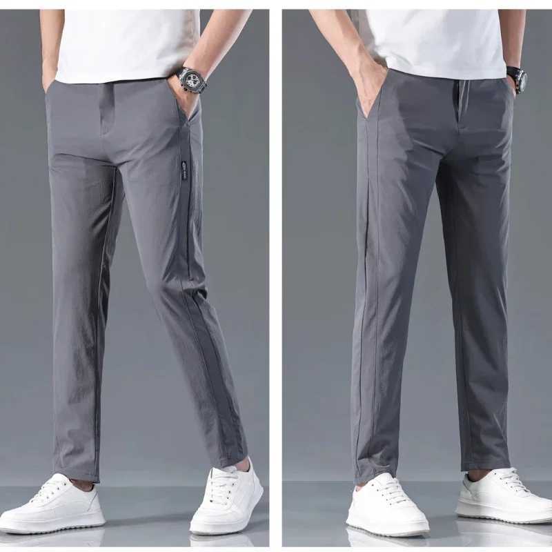 Mens casual pants semi elastic waistband nylon ice silver elastic straight tube light gray business gentleman summer casual W250225