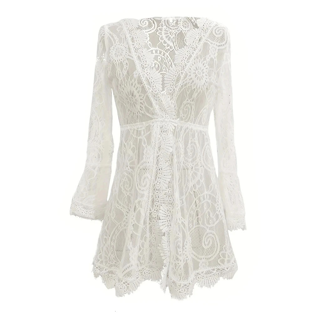 Solid Color V-neck Lace Dress Vacation Style Flare Sleeve Cover Up Beach Wear Dress For Summer Womens Clothing 250225