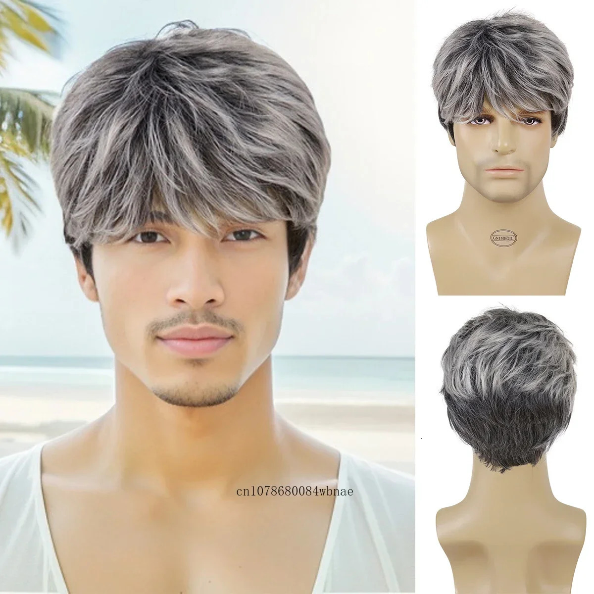 Short Mix Grey Synthetic Wig with Bangs for Men Daily Party Costume Fluffy Layered Grandpa Gray Old Man Hair Replacement Wigs 250224