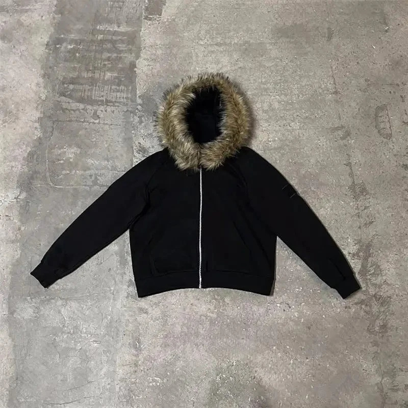 Faux Fur Collar Harajuku Hiphop Zip up hoodie Oversized Zipper Hoodie sweatshirt Retro Rock Goth Streetwear Jacket Y2k Clothes 250224