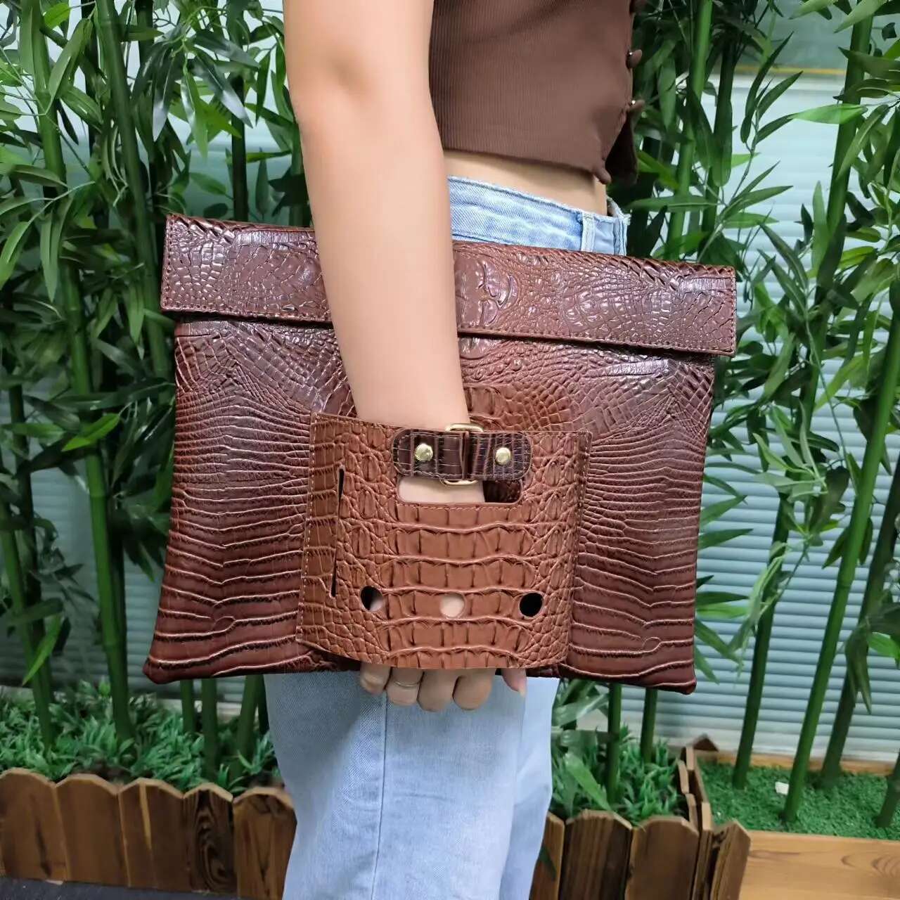 Large Crocodile Green File Folder A4 Document Fashion Women Laptop Pouch Business Briefcase Bag