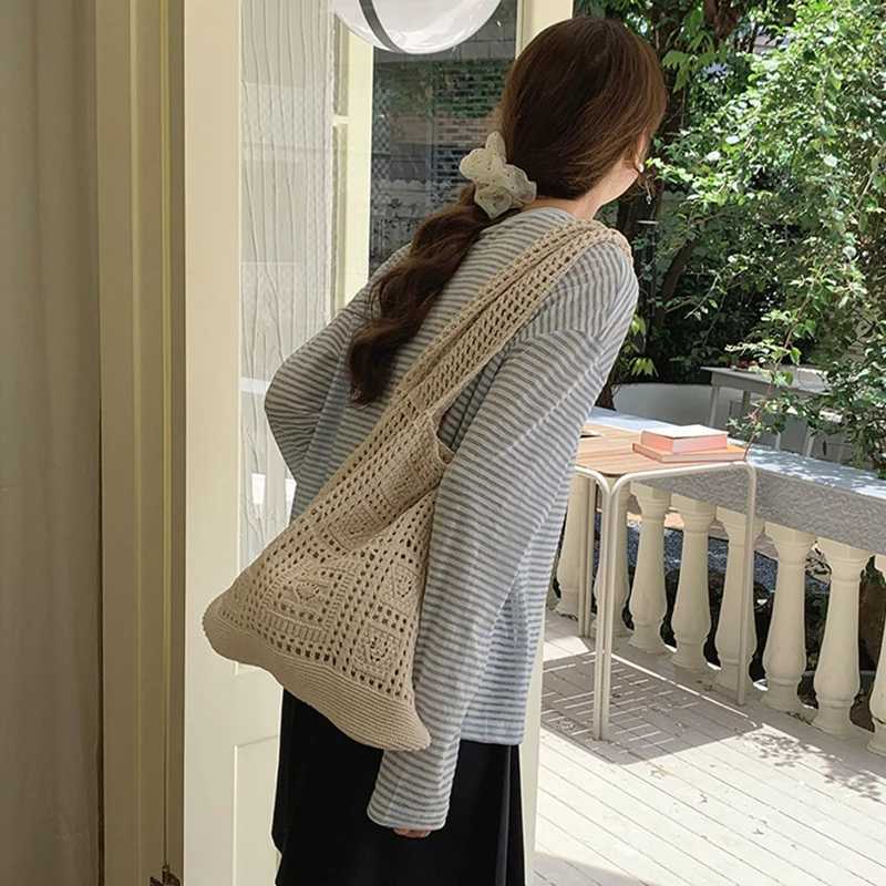 Knitted Shoulder Bags Fashion Hollow Woven Large Capacity Crochet Bag Solid Color Shopping Tote Women Girls