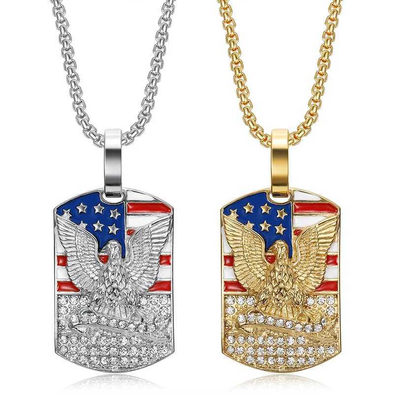 Hip Hop Bling d Out Gold Color Stainless Steel Flag Square Pendants Necklace for Men Rapper Jewelry Dog Tag X250224