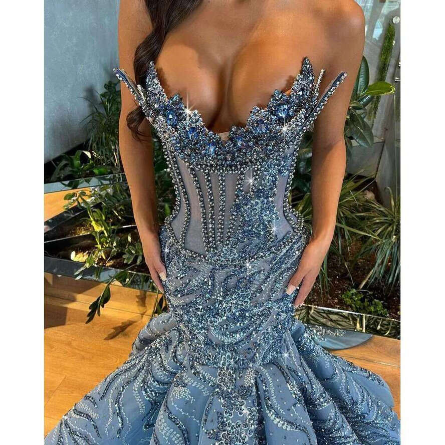 Crystal Sequined Beaded Mermaid Prom Dress Dia Strapless Formal Ocn Evening Dresses Custom Made 0717