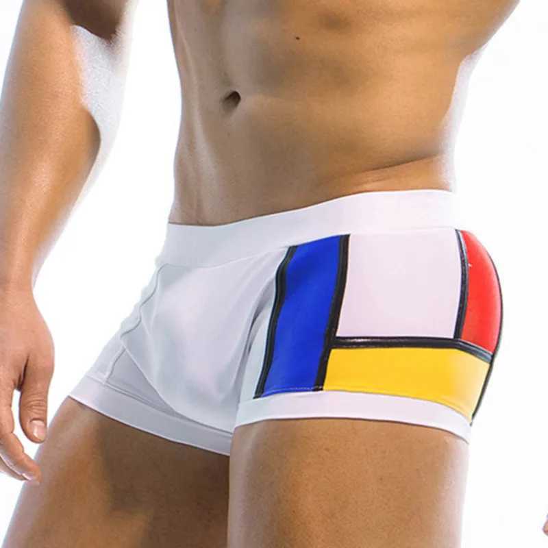 Contrast Color Swimming Trunks For Men Swimwear Swimsuit Sexy Beach Bikini Boxer Surfing Swim Wear Bathing Suit Sport ShortsXJ250224