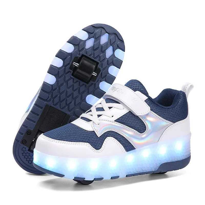 Childrens dual wheel luminous sports shoes pink LED light heel roller skating shoes childrens LED shoes boys USB charging W250225