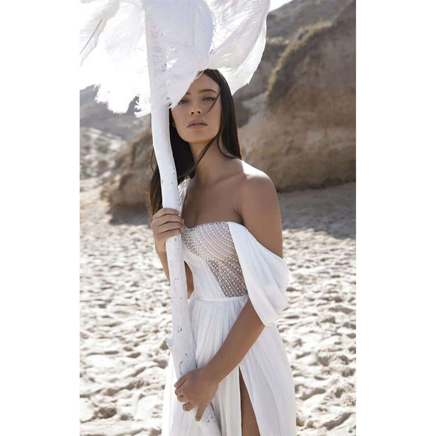 Chiffon Beach Wedding Dress One Shoulder Beading Boho Bride Sexy High Side Slit Bridal Gowns Custom Made Vestido De Noiva Mariage