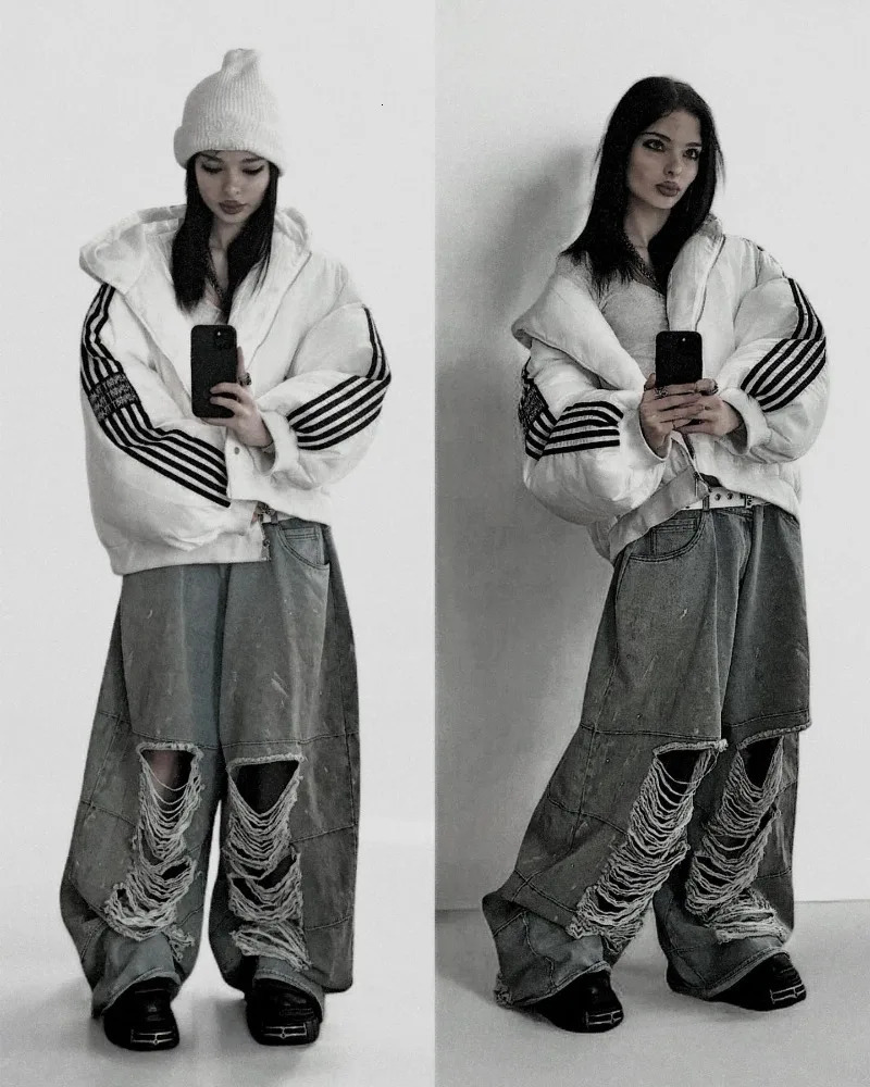 European and American vintage washed ripped jeans Men Y2k pants Street punk Harajuku couple casual oversized wide-leg pants 250225