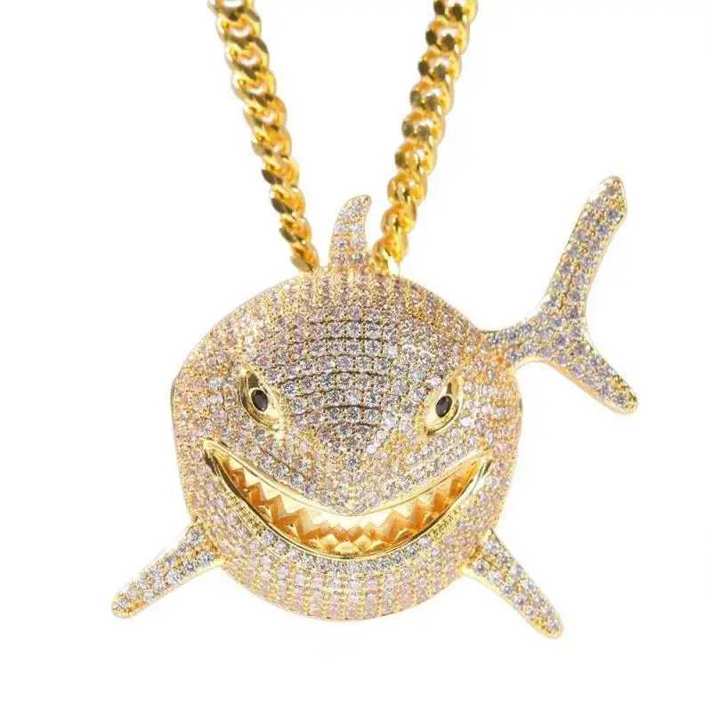 Hip Hop Fierce Shark Inlaid Zircon Pendant Personality Men Charm Trend Necklace Cool Rap Rock Party Jewelry Birthday Gifts X250224