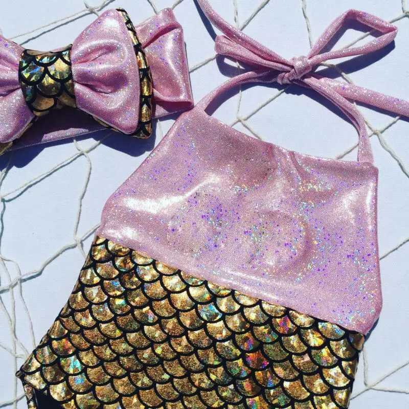 Kids Baby Girl Mermaid Swimwear One-piece Bow Bikini Swimsuit Headband Bathing Suit Beachwear Swimming Costume X250224