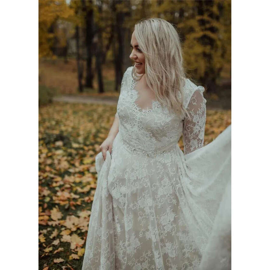 Lace Wedding Dresses Boho Bridal Gowns Plus Size V-Neck Backless 3/4 Long Sleeve Bohemian Bride Dress Simple Vestidos De Novia