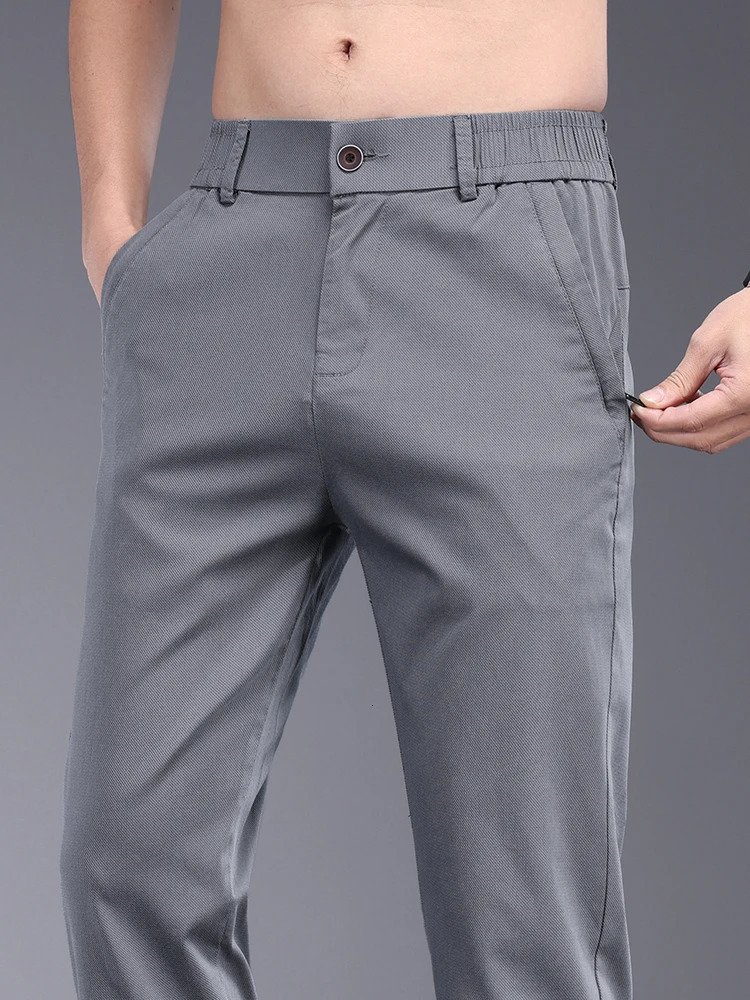 Bamboo fiber fabric summer mens casual pants fashionable thin soft breathable elastic business ultrathin straight pants black gray 250214
