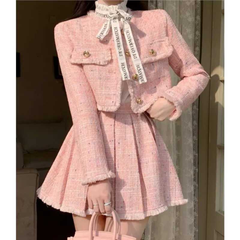 High Quality Tassel Design 2-Piece Sets Women Tweed Autumn New Solid Outfits Long Sleeve Short Jacket Coat + Pleated Skirt SuitsT250224