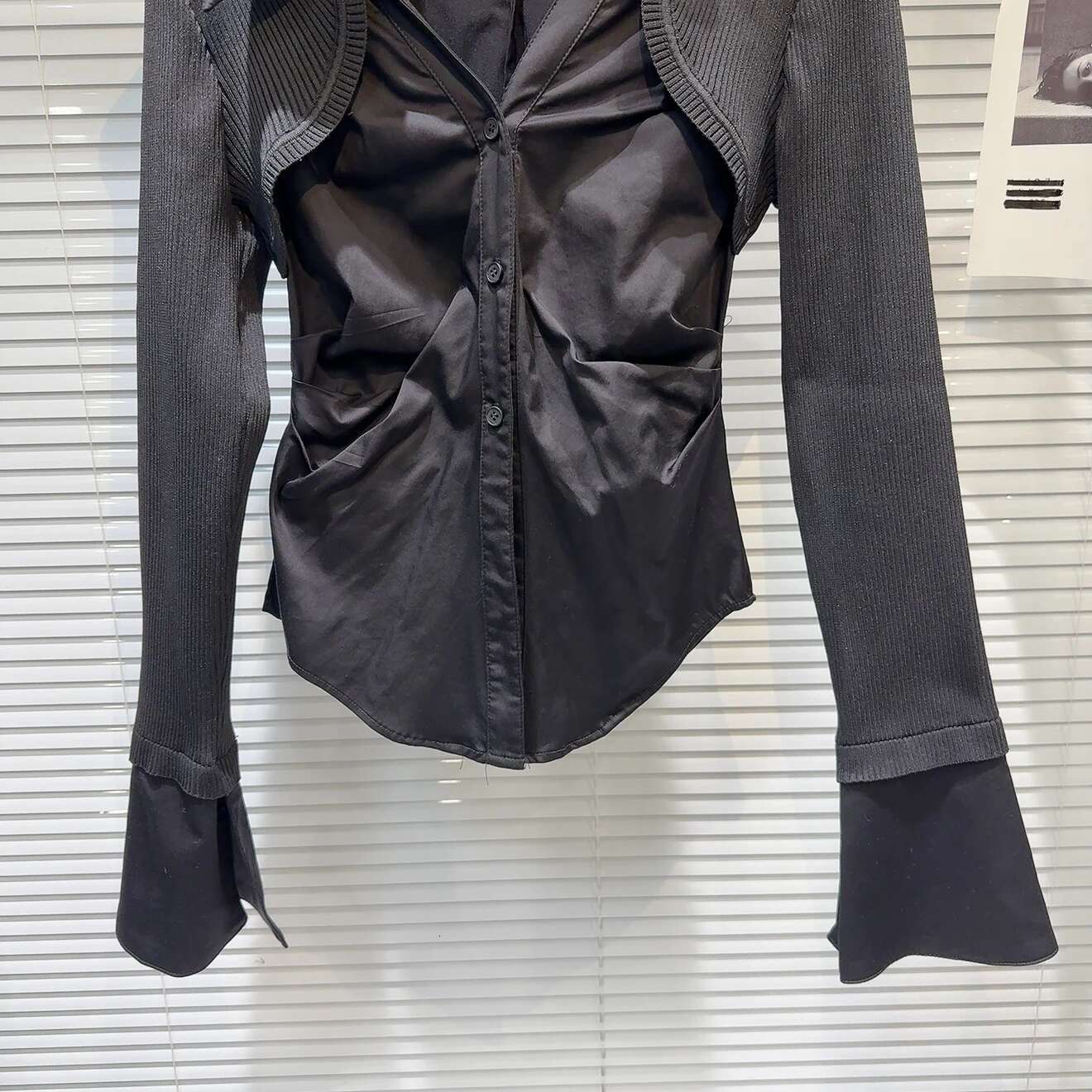 Getspring Women Shirt 2025 Spring Knitted Shawl Spliced Black White Color Matching Fake Two Slim Fit Blouse All Match Ladies Top