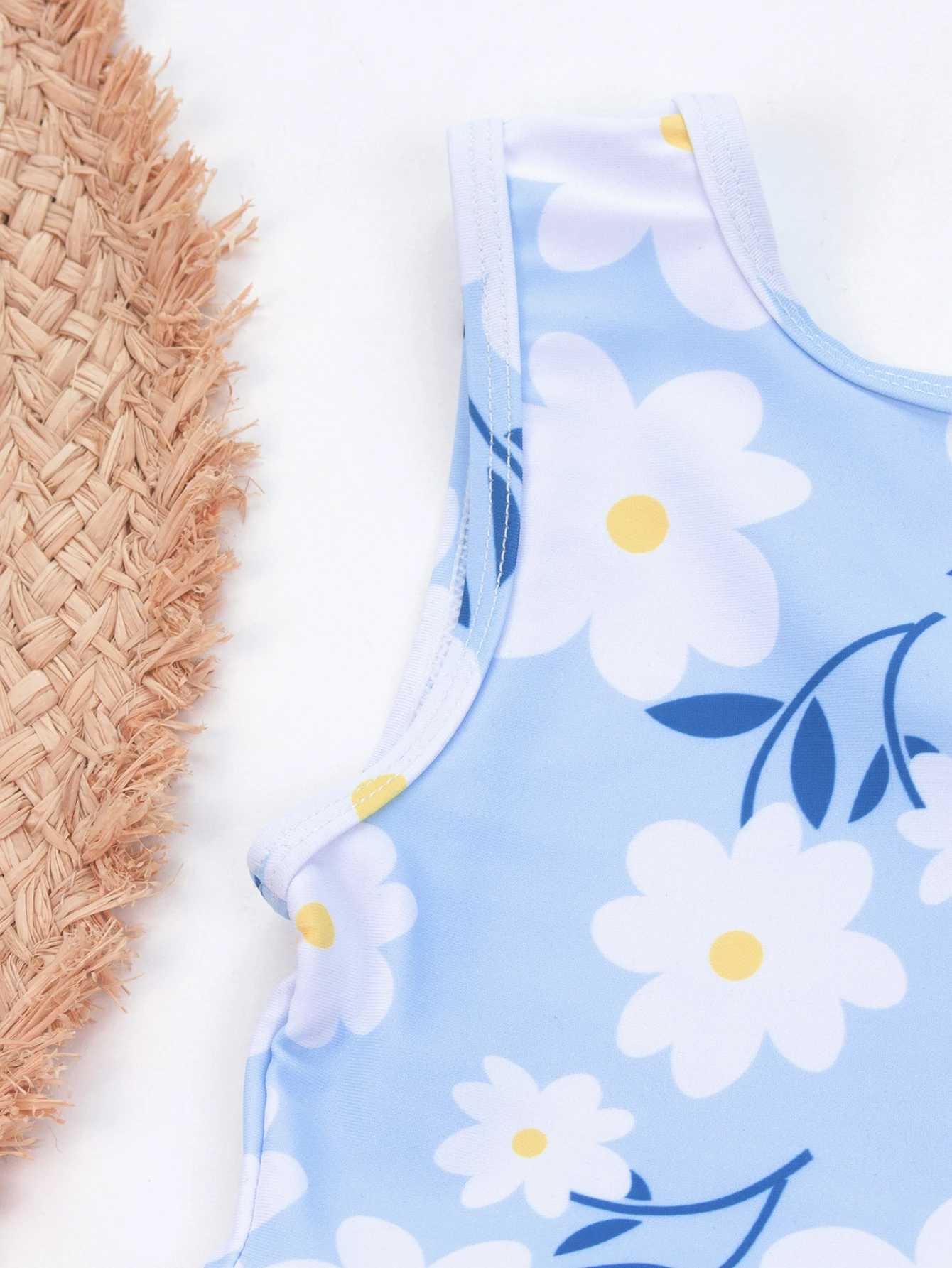 Flower ruffled high stretch beach girl childrens swimsuit high waist swimsuit childrens vacation bikini set X250224