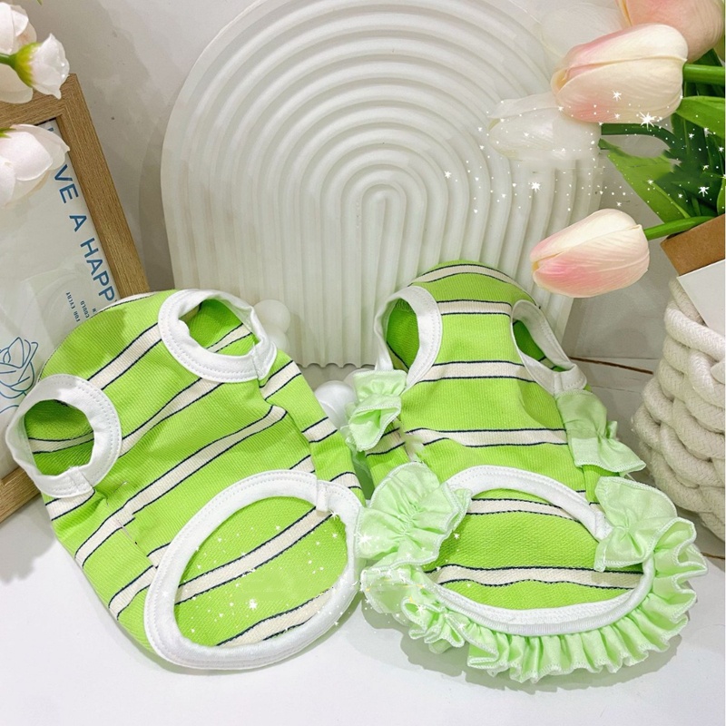 Green White Stripe Cotton Dog Dress with Embroidered Letters,Casual and Comfortable Puppy Dress, Flared Skirt for Pomeranian, Bichon Small Medium Dogs