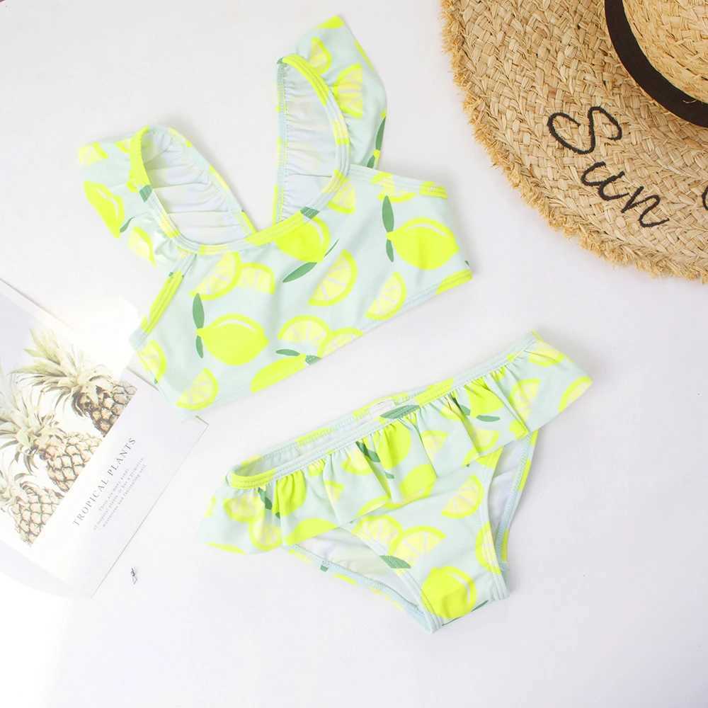 Ruffle Lemon Print Baby Kids Swimwear Swimsuit Summer Beach Cute Girls Kids Bikini Set 3-8Years Outdoor Children Swimming Suit X250224