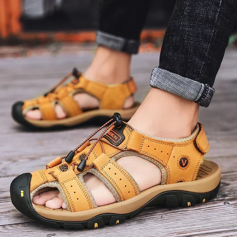Summer Men Sandals Genuine Leather Mens Casual Shoes Outdoor Men Leather Sandals for Men Beach Shoes Roman Shoes Plus Size 38-48 250224