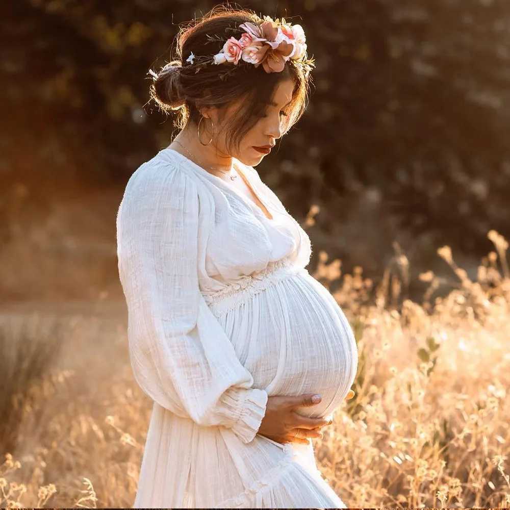 Womens comfortable linen cotton long sleeved V-neck maternity dress photo shoot dress X250224