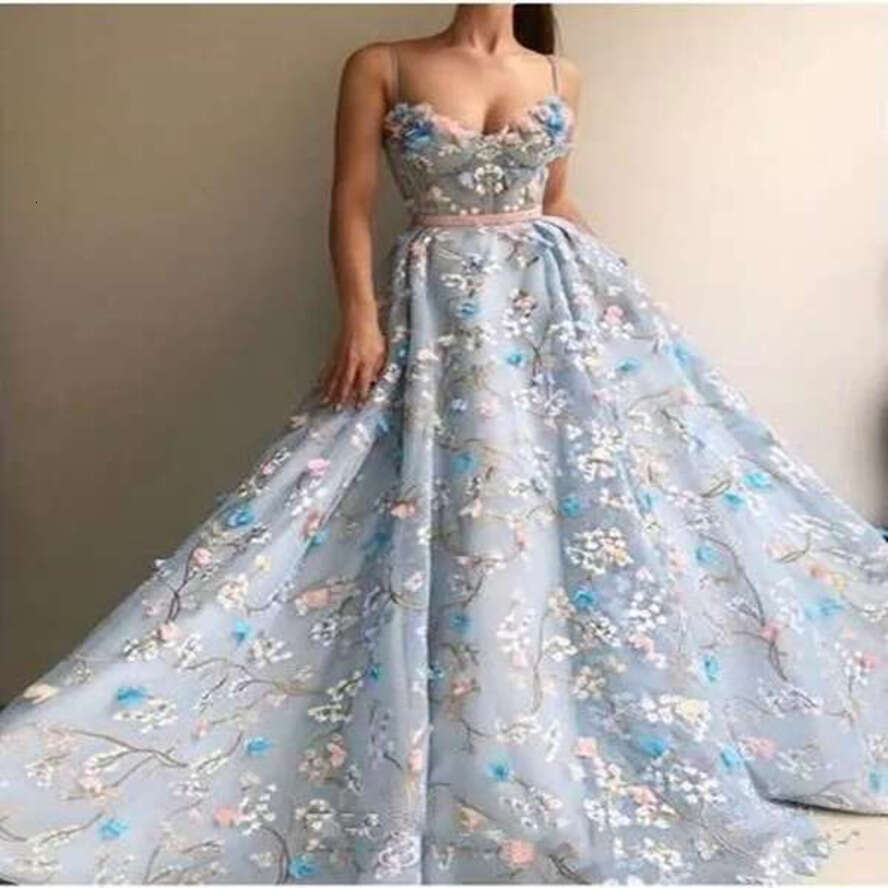 Light Blue Organza Prom Dress 2024: Embroidery Ral Evening Formal Party Dresses