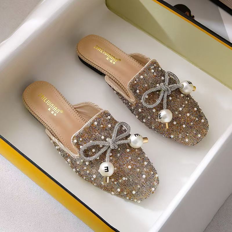 2025 Stylish rhinestone pearl slippers retro personality slip-on baotou single shoes comfortable light beautiful casual