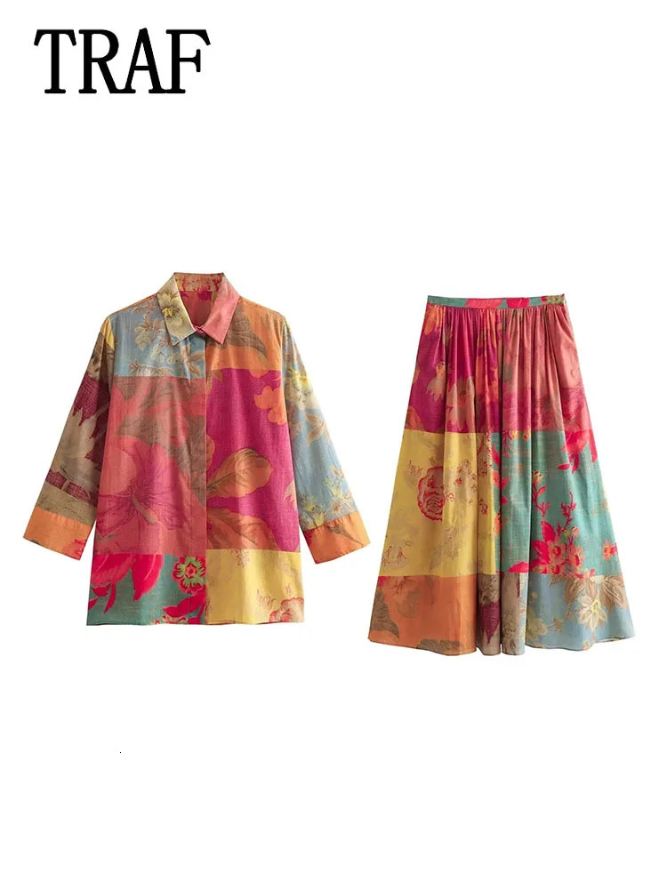 TRAF 2024 Women Printed Skirts Sets For 2 Pieces Shirts Top Suits Two Piece Set Outfit 250222