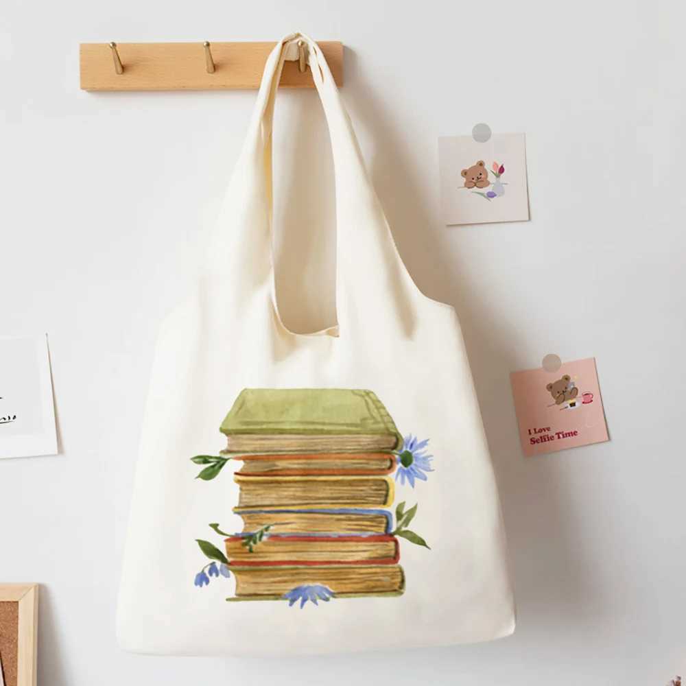 Floral Books Watercolor Tote Bag Literature Book Flower Shoulder Bags Illustration Girl Book Bag Travel Harajuku Canvas Handbag Z250224