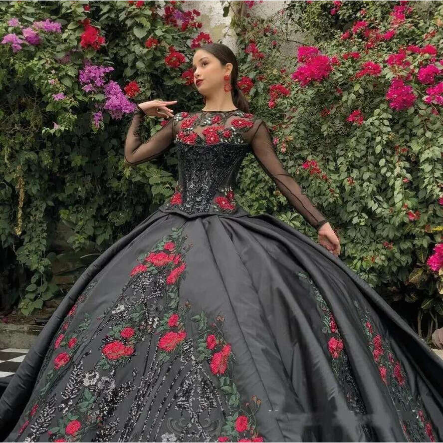 Sparkly Black Mexican Charro Princess Dresses Long Sleeve Ral Embroidery Sequin Corset Vestidos De 15 Quinceanera