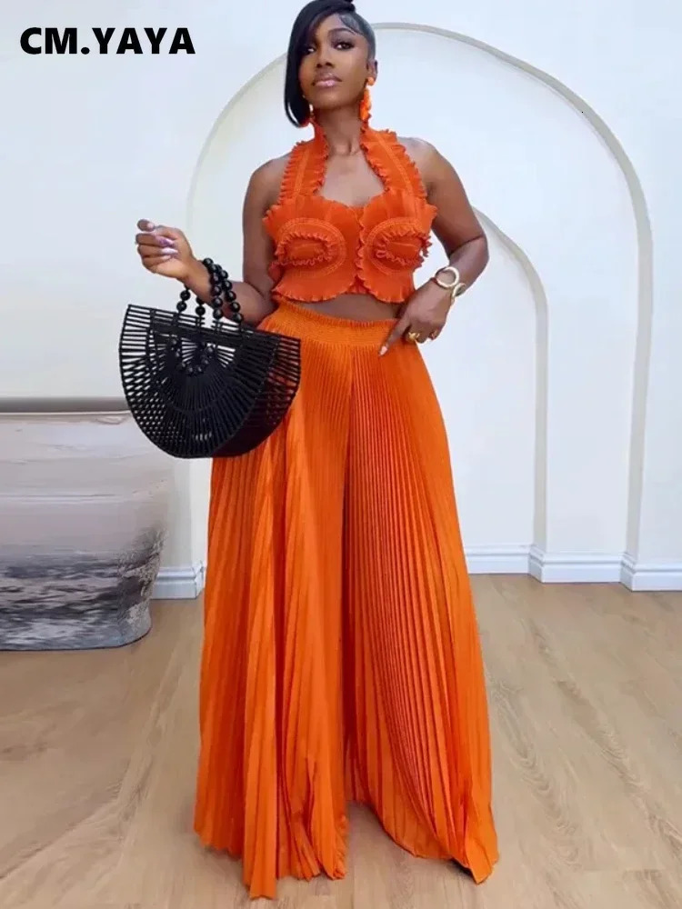 CM.YAYA Streetwear Womens Set Sleeveless Halter Crop Pleated TopWide Leg Pants Elegant Fall Party Two 2-Piece Set Outfits 250225