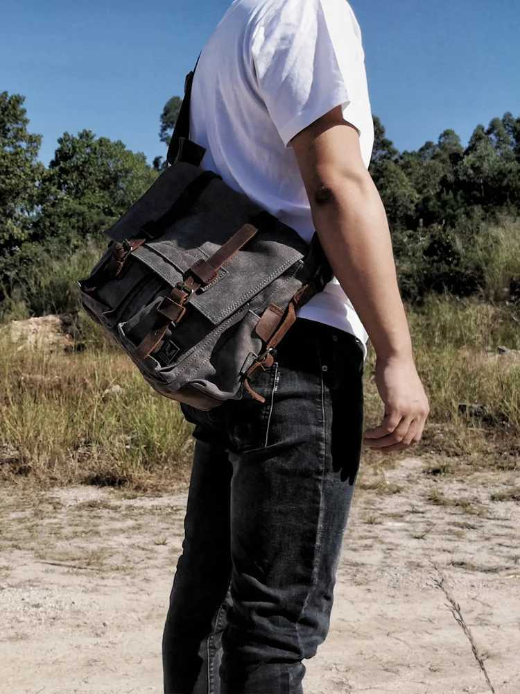 Mens canvas leather messenger bag suitable for 14 15 laptop shoulder cross messenger bag Z250225